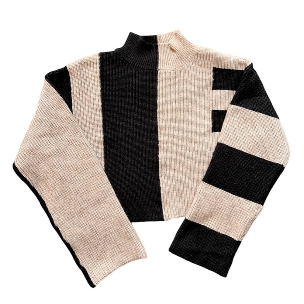 Buttermelon Color Block Mock Turtleneck Sweater, Black and Oat, Sz. S - Picture 3 of 10